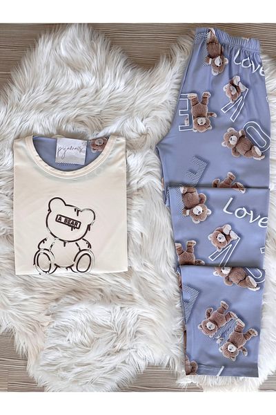 Pijamacs Ecru Teddy Bear Patterned Short Sleeve Knitted Pajama Set