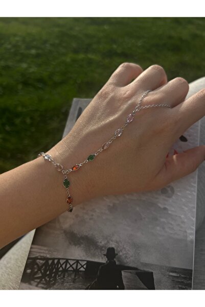 pop up store Gümüş Zeminli Renkli Kristal Taşlı El Aksesuarı / Şahmeran