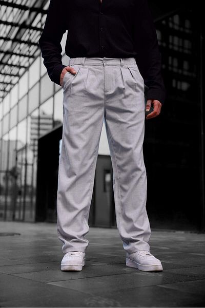 COMBİNE MİCHAİL Men's Baggy Fit Pleated Fabric Trousers - Light Gray