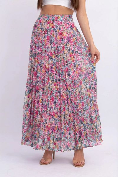 Modabenna Patterned Lined Pleated Chiffon Skirt with Elastic Waist Pleated