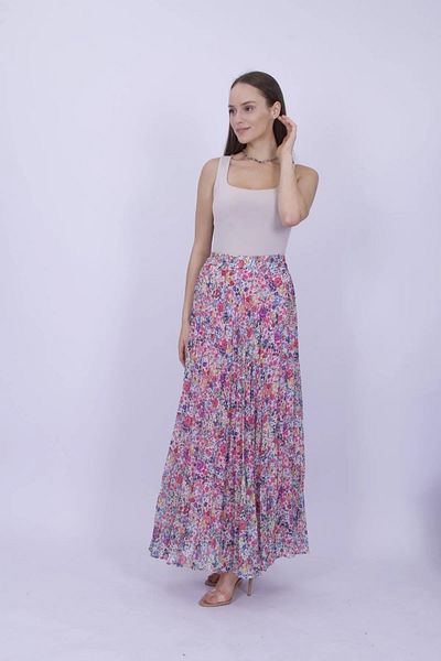 Modabenna Patterned Lined Pleated Chiffon Skirt with Elastic Waist Pleated
