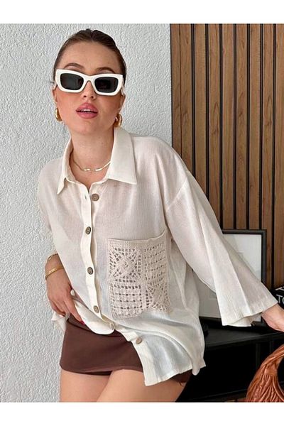HandCo Embroidery Detailed Stone Color Summer Oversize Shirt Acrylic Pocket Detailed Special Design