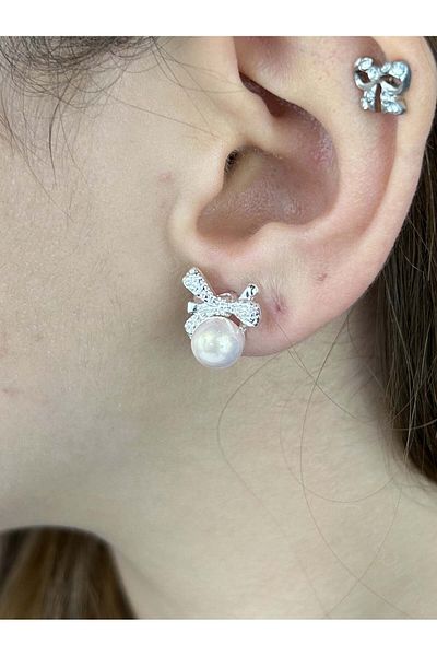 Neon Takı by Atalay Sensitivity Sticker and Pink Pearls, Ribbon Figured Earrings 591, Silver Color