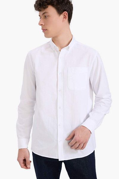 DeFacto New Season 100% Cotton Regular Fit Polo Collar Oxford Basic Plain Long Sleeve White Shirt
