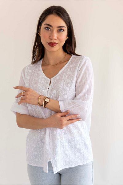 citycenterfashion Γυναικεία μπλούζα Plus Size, 100% βαμβάκι, διπλό μανίκι, κουμπιά με κέντημα