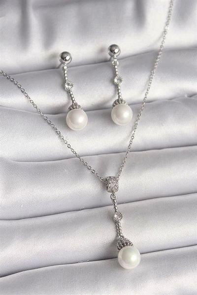 Clariss 316L Steel Silver Color Chain Zircon Stone Detailed Dangle Pearl Model Women's Necklace Earring Set