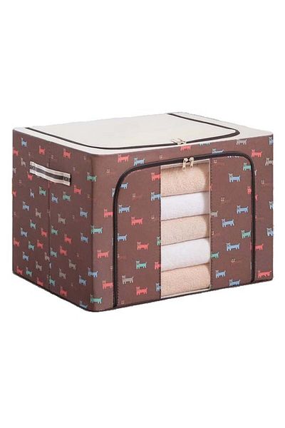Flippy Foldable Storage Box, with Zipper, 100 L, Textile, 60x42x40 cm, Puppy Print, Brown