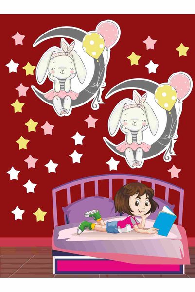 Göktuğ Hediyelik Cute Rabbit and Stars Sitting on the Moon Children's Room Wall Sticker 100X30 cm