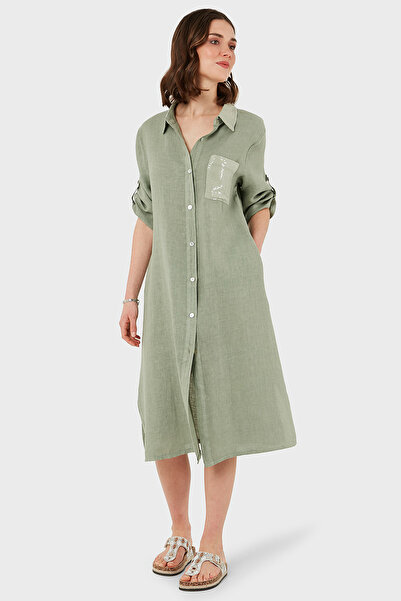 Via Dante Регулярний крій Truvakar Kol Midi Keten Elbise ELBİSE 6689544