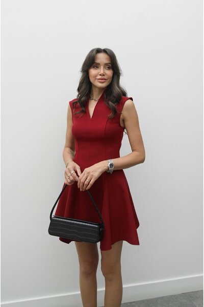 Havoş Burgundy Monica V-Neck Flounce Dress