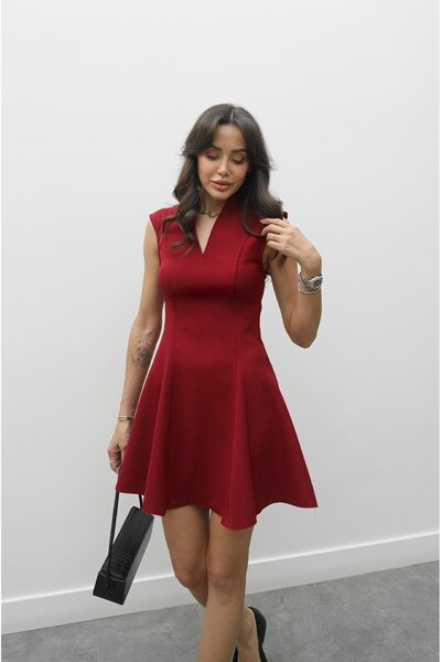Havoş Burgundy Monica V-Neck Flounce Dress