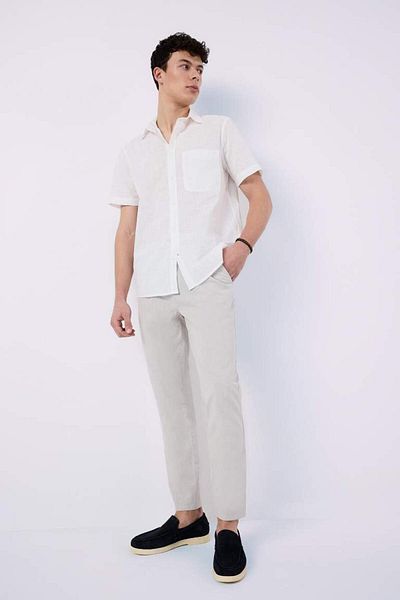 DeFacto New Season 100% Cotton Regular Fit Summer Polo Neck Linen Look Short Sleeve White