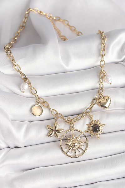 Clariss 316L Steel Gold Color Sun Model Black Enameled Sun Detail Women's Necklace