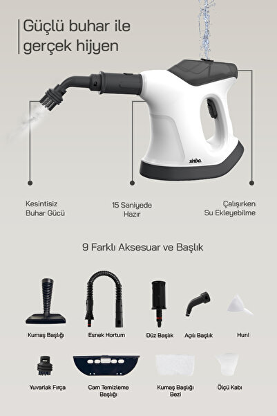 Sinbo SSC-6424 9 in1 Çok Fonksiyonlu El Tipi Basınçlı Buharlı Temizlik Makinesi-Kesintisiz Buhar Özellikli