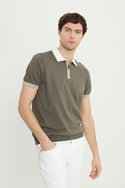 ALTINYILDIZ CLASSICS 100% Cotton Standard Fit Regular Cut Polo Neck Knitwear Khaki Knitwear T-Shirt
