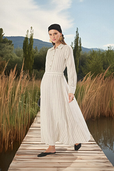 Trendyol Modest Μπεζ ριγέ λινό φόρεμα πουκάμισο TCTSS25EB00121