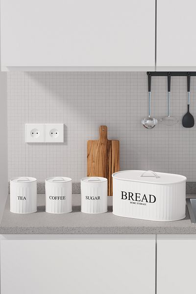 hemlife 4-Piece Bread Set Metal Cover Tea Coffee Sugar Countertop Cabinet Set White/White