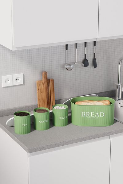 hemlife 4-Piece Bread Set Metal Cover Tea Coffee Sugar Countertop Cabinet Set Green/White