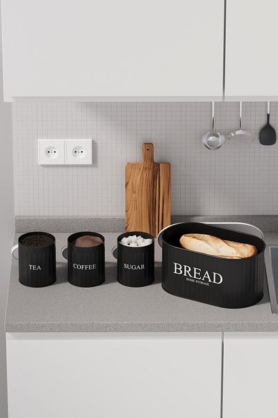 hemlife 4-Piece Bread Set Metal Cover Tea Coffee Sugar Countertop Cabinet Set Black/White