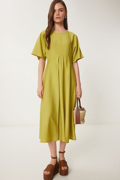 Happiness İstanbul Women's Oil Green Crinkle Effect Midi Woven Dress Ub00365