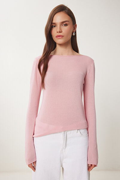 Happiness İstanbul Kadın Pembe Kayık Yaka Mevsimlik Triko Bluz YY00231