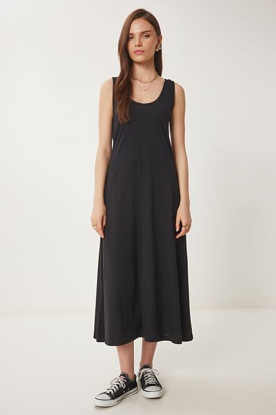 Happiness İstanbul Schwarzes ärmelloses Basic-Sommer-Strickkleid für Damen CR00478