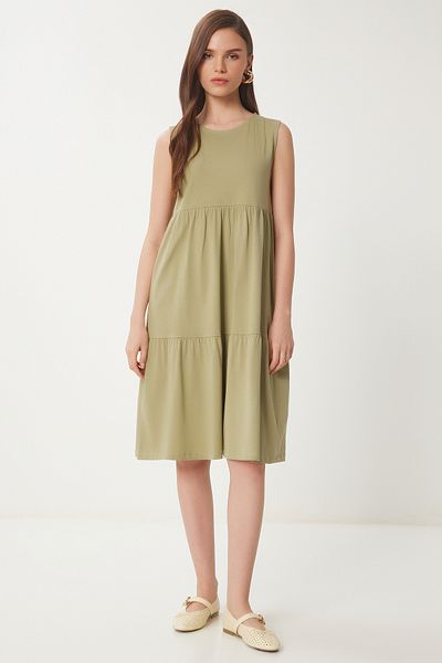 Happiness İstanbul Khakifarbenes ärmelloses Basic-Sommer-Strickkleid für Damen CR00479