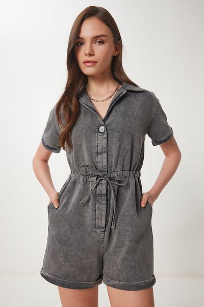 Happiness İstanbul Anthrazitfarbener, verwaschener Sommer-Gabardine-Jumpsuit mit Polokragen für Damen RG00053