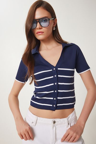 Happiness İstanbul Marineblau-weiß gestreifte saisonale Strickjacke für Damen UB00367