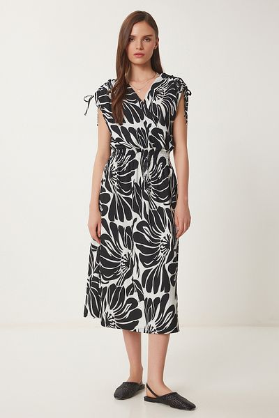 Happiness İstanbul Women's Black Bone Wrap Collar Patterned Crinkle Knitted Dress Zv00274