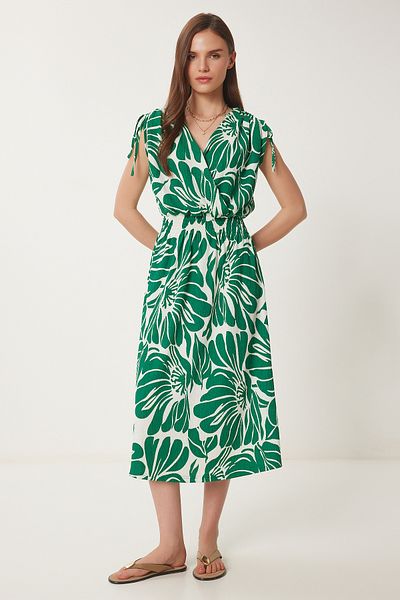 Happiness İstanbul Women's Green Bone Wrap Collar Patterned Crinkle Knitted Dress Zv00274