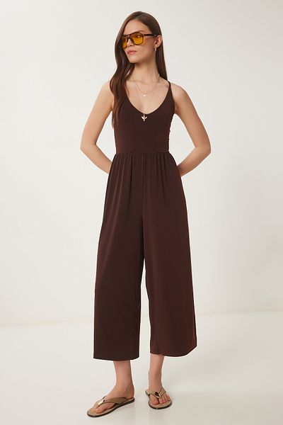 Happiness İstanbul Brauner Damen-Strickoverall mit V-Ausschnitt und Seilriemen UB00067