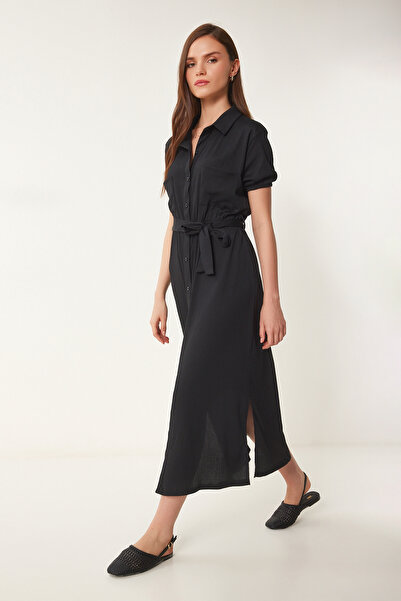 Happiness İstanbul Dámské černé letní pletené košilové šaty UB00333