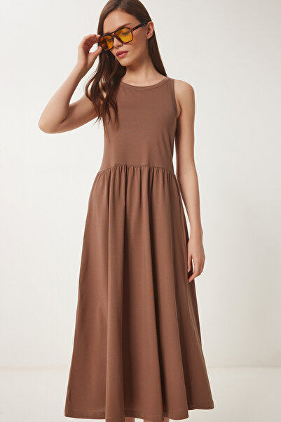Happiness İstanbul Dámské hnědé letní pletené šaty s ohlávkovým výstřihem CR00474