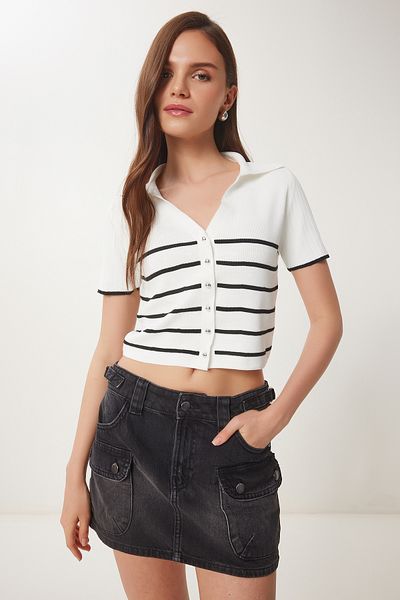 Happiness İstanbul Women's Ecru Black Striped Seasonal Knitwear Cardigan Ub00367