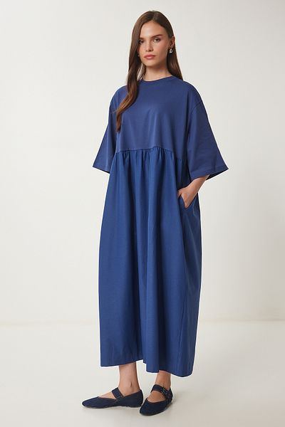 Happiness İstanbul Women's Navy Blue Stretchy Knitted Top Poplin Oversize Dress with Skirt Fz00002