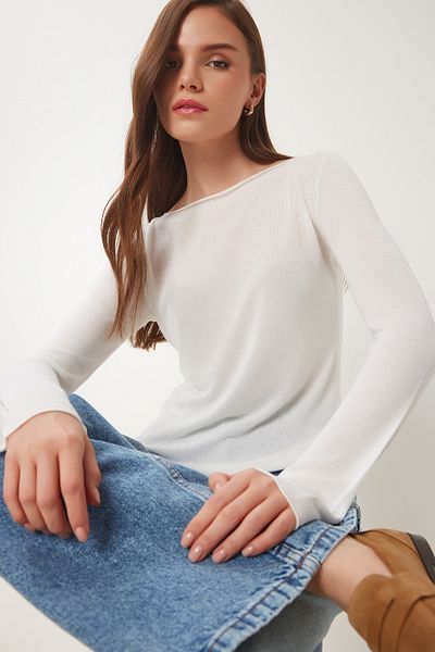 Happiness İstanbul Women's Bone Boat Neck Seasonal Knitwear Blouse Yy00231
