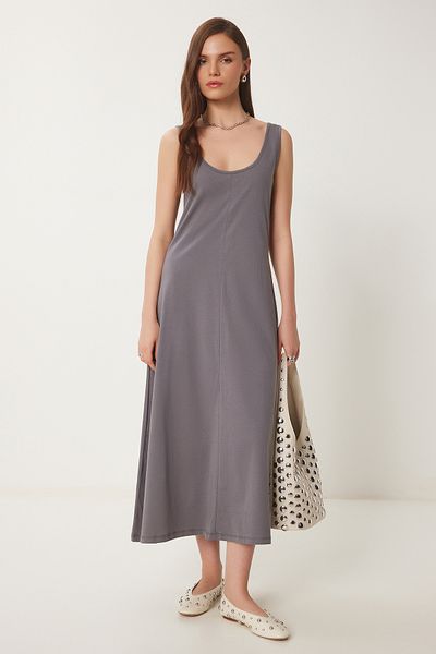 Happiness İstanbul Graues ärmelloses Basic-Sommer-Strickkleid für Damen CR00478