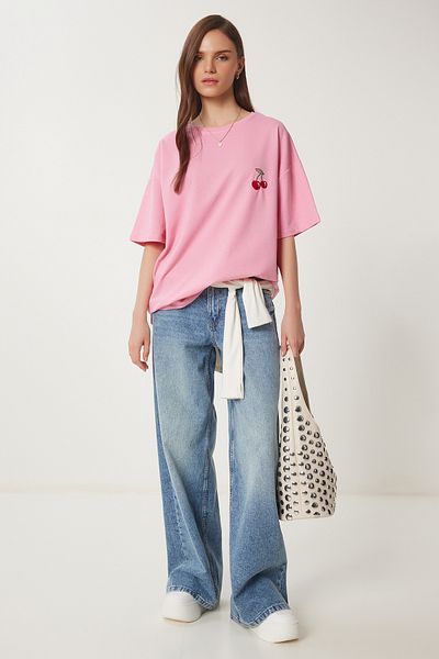 Happiness İstanbul Rosa Oversize-T-Shirt mit Stickerei für Damen ZV00276
