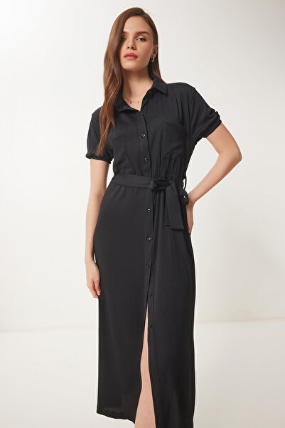 Happiness İstanbul Dámské černé letní pletené košilové šaty UB00333