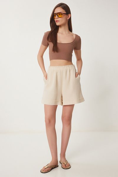 Happiness İstanbul Cremefarbene Damen-Musselin-Shorts mit Taschen RG00054