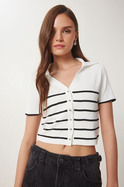 Happiness İstanbul Women's Ecru Black Striped Seasonal Knitwear Cardigan Ub00367