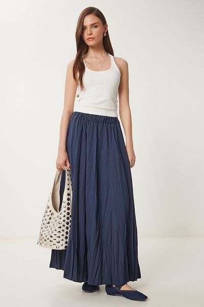 Happiness İstanbul Marineblauer, ausgestellter, gewebter Sommerrock mit Falteneffekt für Damen DD01347
