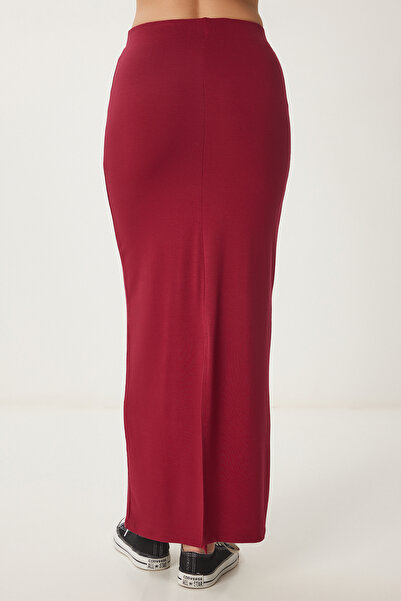 Happiness İstanbul Women's Burgundy Slit Midi Knitted Skirt Ub00366