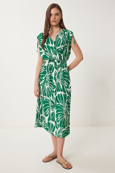 Happiness İstanbul Women's Green Bone Wrap Collar Patterned Crinkle Knitted Dress Zv00274