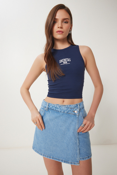 Happiness İstanbul Kadın Mavi Mini Denim Şort Etek OK00066