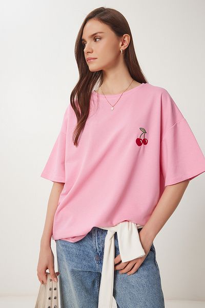 Happiness İstanbul Rosa Oversize-T-Shirt mit Stickerei für Damen ZV00276