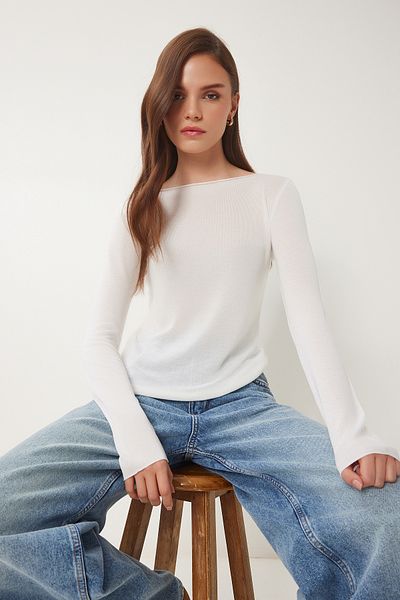 Happiness İstanbul Women's Bone Boat Neck Seasonal Knitwear Blouse Yy00231
