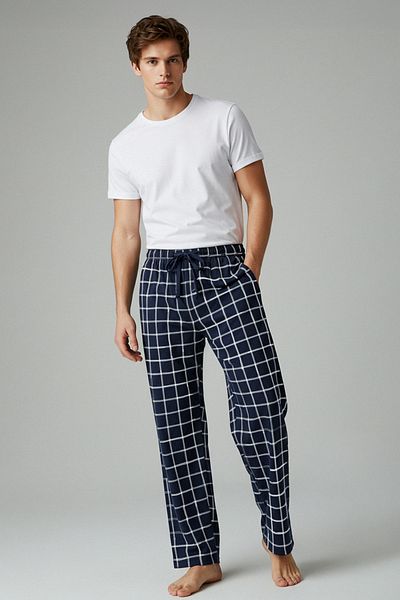 Trendyol Collection Sötétkék normál kockás pamut pizsama alsó TMNSS25PJ00004