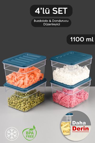 Meleni Home Blue Organizer Set of 4 - Deep Refrigerator, Microwave and Freezer Container, 1100ml Capacity